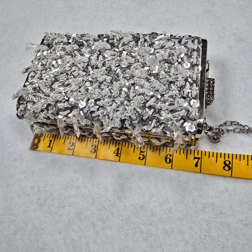 Silver Sequin Crystal Embellished Box Clutch Crossbody Bag Chain Strap Handbag - Picture 13 of 16